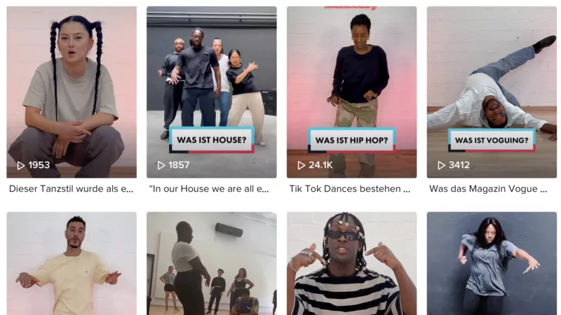 In zwei Reihen sind je vier Screenshots von Instagramm-Postings angeordnet, auf denen jeweils Tänzer*innen und Fragen, sowie Klickzahlen zu sehen sind. Die Fragen sind: Was ist House? Was ist Hip Hop? Was ist Voguing? Was ist Popping? E2R Workshop. Was ist Krump? Queen Buckhype Freestyle