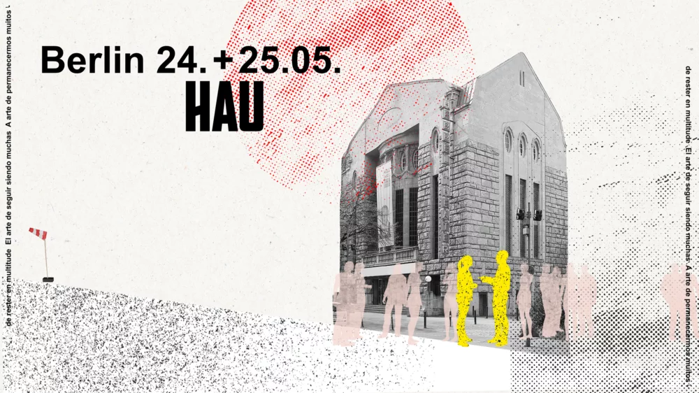 Video still on the animated event trailer. The HAU Hebbel am Ufer building, in front of it colorful silhouettes of people and in dark letters "Berlin 24.+25.05." and the HAU logo.
