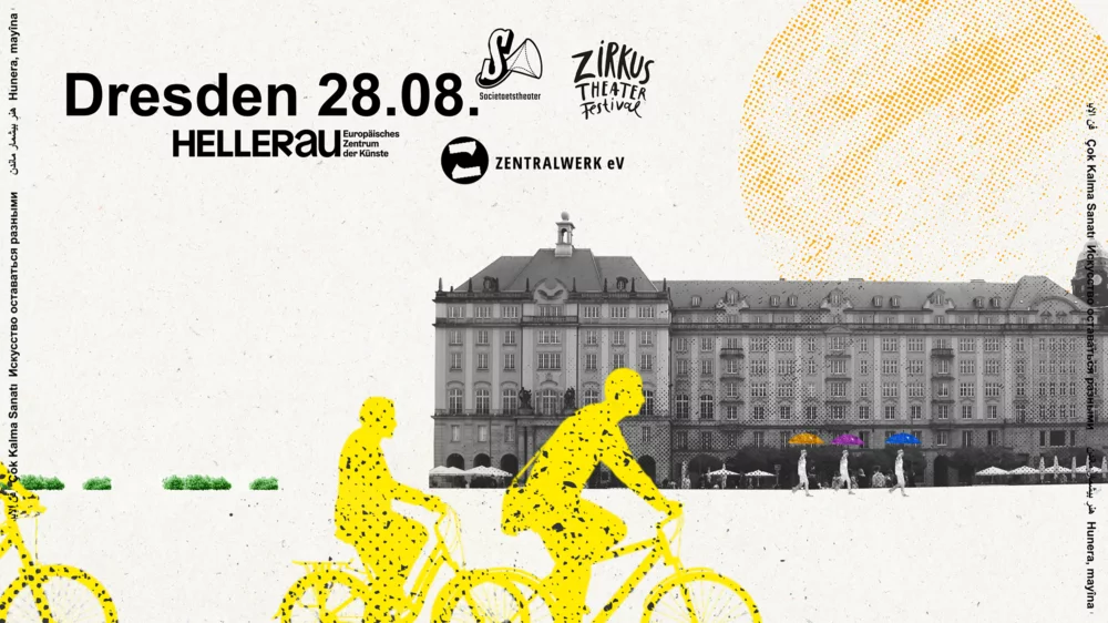 Video still on the animated event trailer. Detail of the Altmarktpassage in Dresden. In front of it, colorful silhouettes of people riding bicycles. In dark letters "Dresden 28.08." and logos of HELLERAU, Sociataetstheater, Zentralwerk and Zirkus Theater Festival.