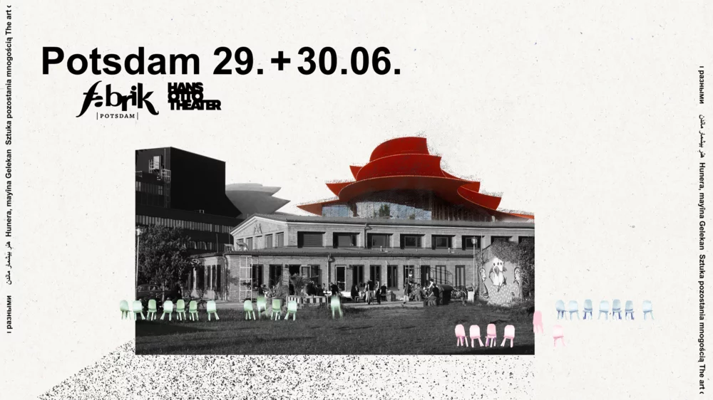 Video still on the animated event trailer. Facade of the Hans Otto Theater with red roof, in front of it the fabrik Potsdam and many colorful chairs. In dark letters "Potsdam 29.+30.06." and logos of Hans Otto Theater and fabrik Potsdam.