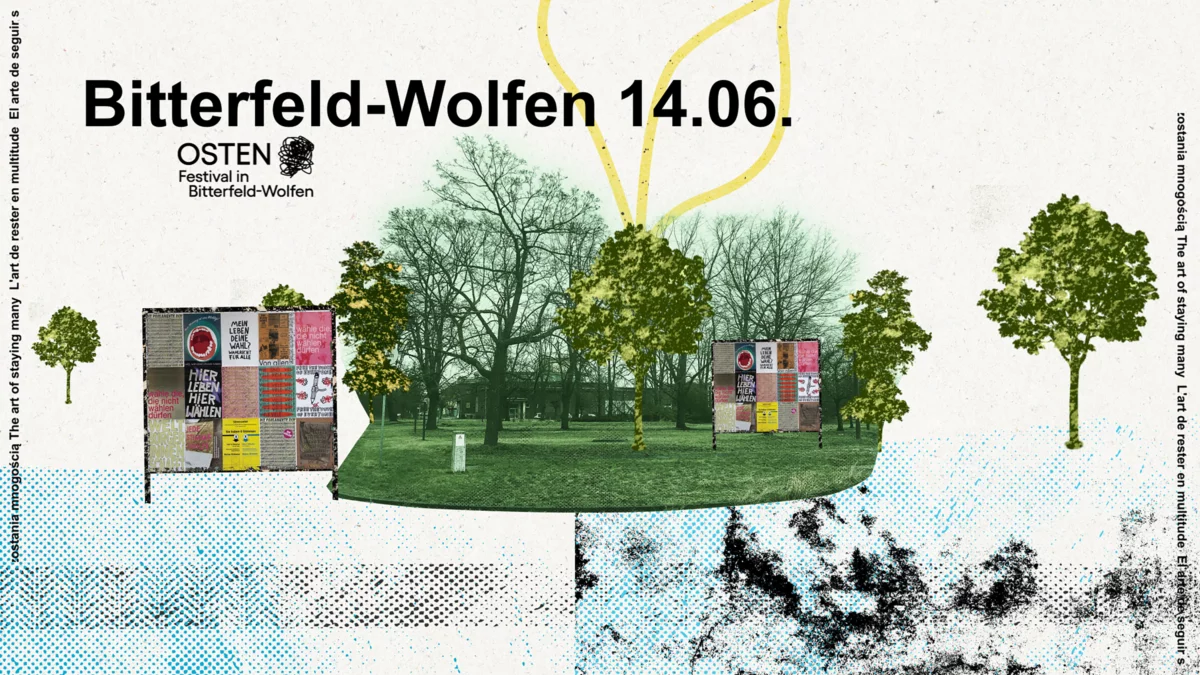 Videostill auf dem animierten Eventtrailer. Ausschnitt von grüner Parkanlage mit zwei bunten Plakatwänden. In dunkler Schrift „Bitterfeld-Wolfen 14.06.“ sowie das Logos vom OSTEN Festival.