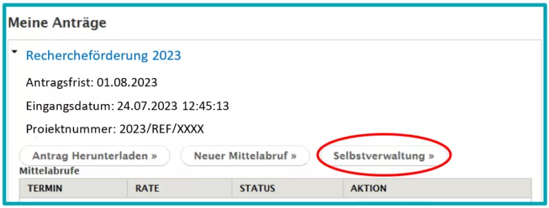 Screenshot from the application database with the buttons for Download application, New call for funds and Self-administration. The latter is highlighted in red.